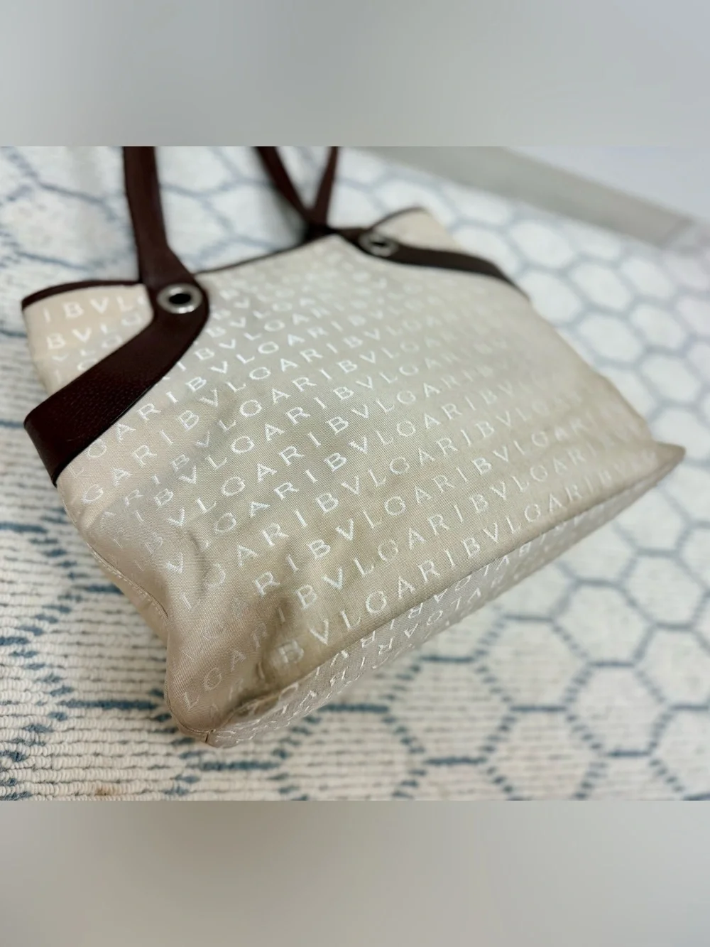 BVLGARI Vintage Y2K Brown Signature Logomania Monogram Canvas Tote Shoulder Bag